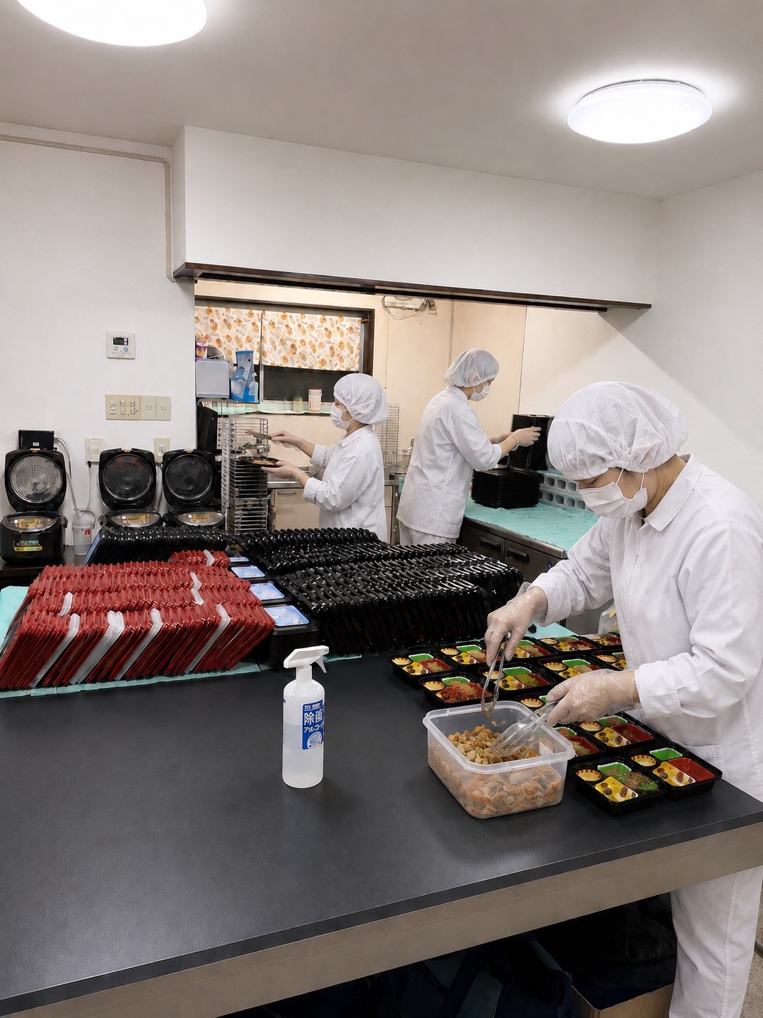 お弁当の盛り付け作業の様子